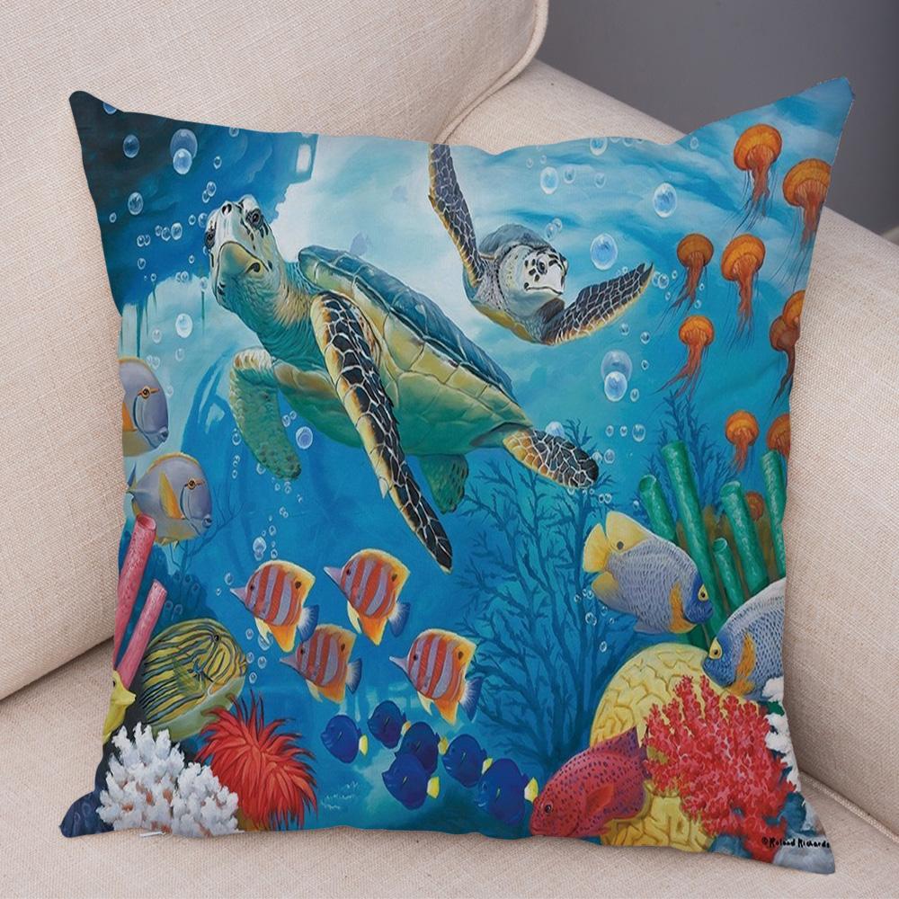 Marine Turtle Dolphins Shark Cushion Cover Short Plush Decor Colorful Ocean Animal Pillowcase Pillow Case for Sofa Home Car