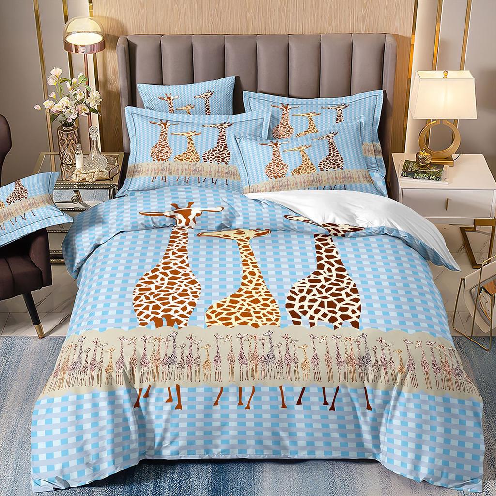 Cartoon Animation Bedding 3D Digital Printing Animal Plaid Unicorn Quilt Cover Three-Piece Set