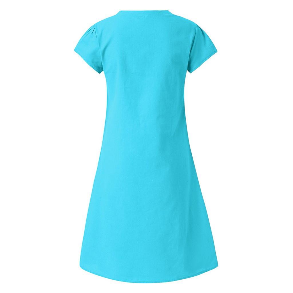 Women's Casual Color Knee Length Dress V-Neck Pullover Loose Short Sleeve Dress