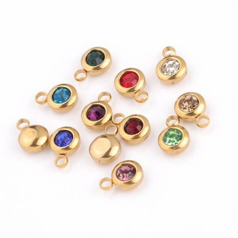 New 60 Piece/lot Stainless Steel Crystal Pendant Steel Gold Color 12 Birthstone Charm Round 6mm 6.5mm Rhinestones Charms 1