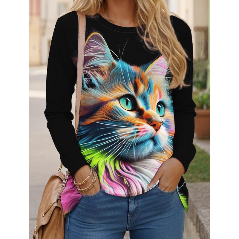 Women's T shirts 3D Print Art Design Cat Pattern Long Sleeve Daily Weekend Fashion Funny Round Neck Regular Fit Spring & Fall