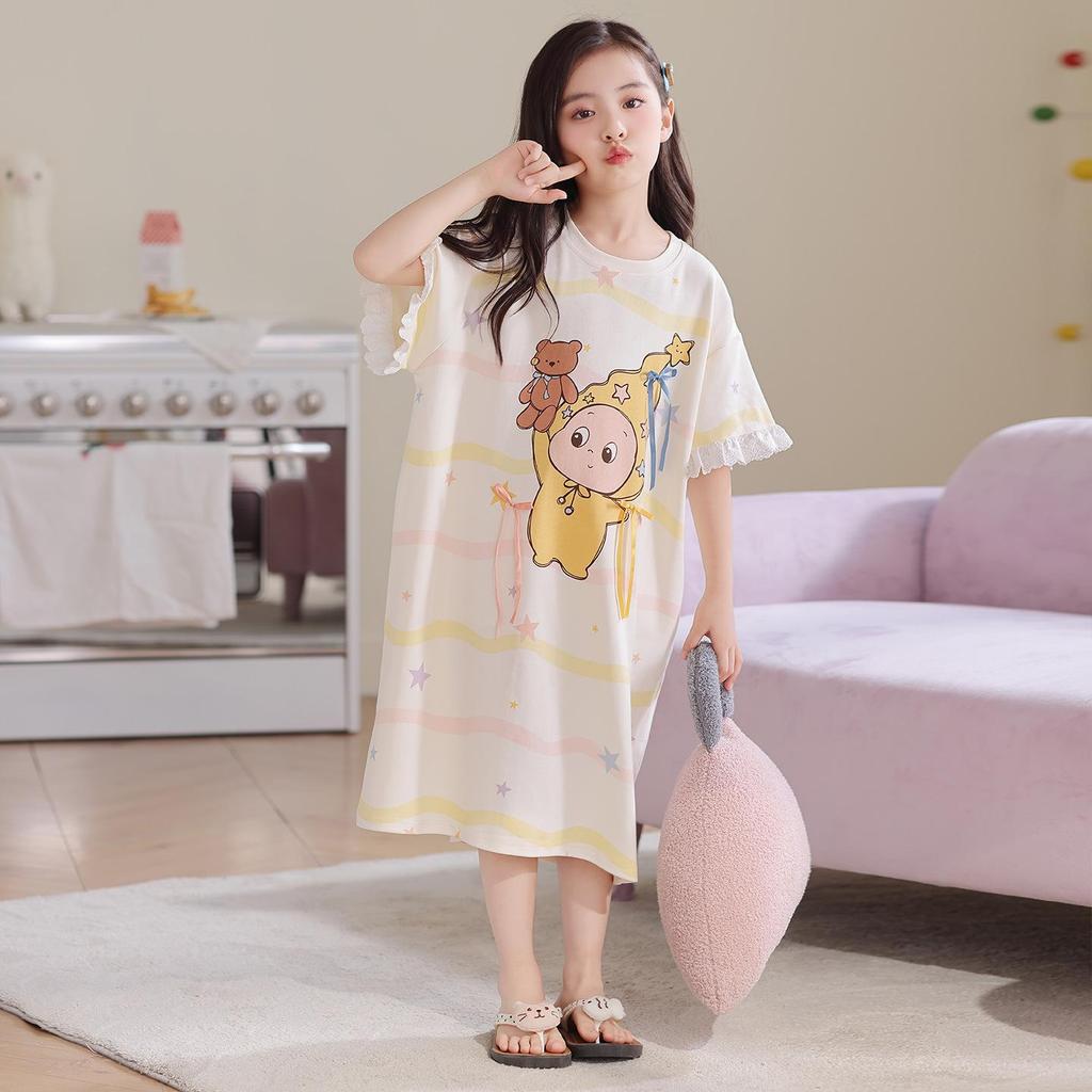 Girls' Summer Cotton Pajama Dress - Short Sleeve Princess Nightwear for Children 81132