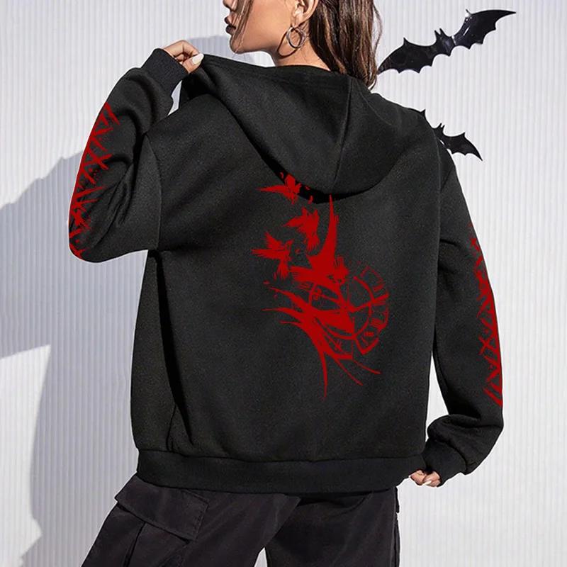 2026 Trendy Oversized Pullover Goth Y2k Winter Warm Women Hooded Sweatshirt Viking Raven Print Zipper Jacket Casual Streetwear