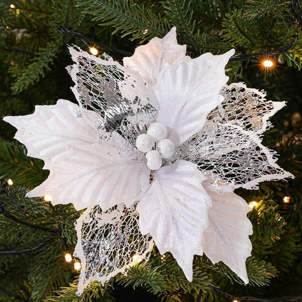 New 24cm Poinsettia Glitter Flower DIY Large Christmas Flowers Wedding Decor Fake Flowers Xmas Tree Decorations