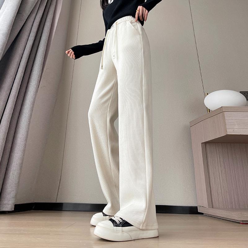 

European Cotton Velvet Narrow/Wide Leg Pants: Women s Autumn/Winter Plus Size High Waist Casual Fleece-Lined Straight Leg Trousers. L