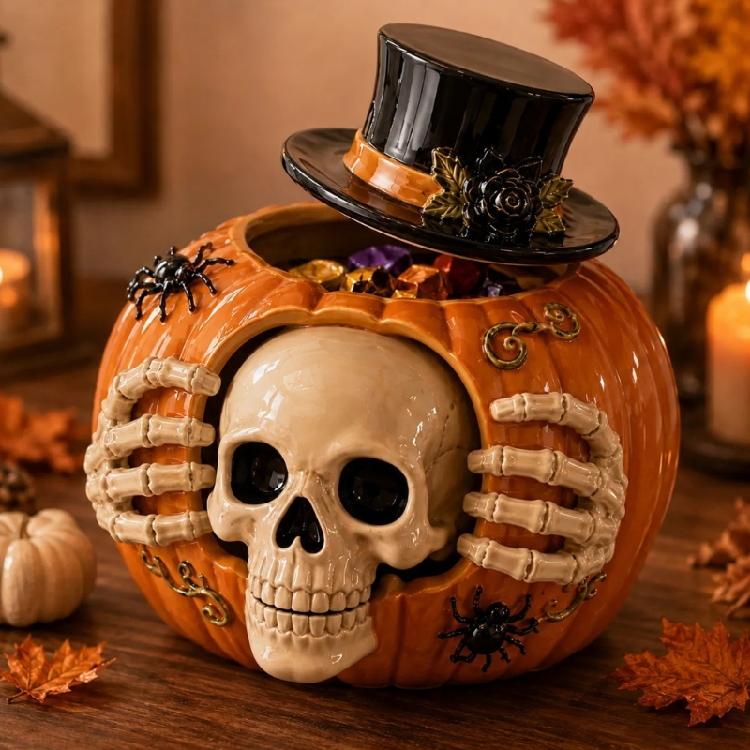 Skull Face Pumpkin Resin Resin Candy Jar Halloween Candy Storage Container for Entry Table Use, Dessert Table Service, Shelf Display, and Small Snack