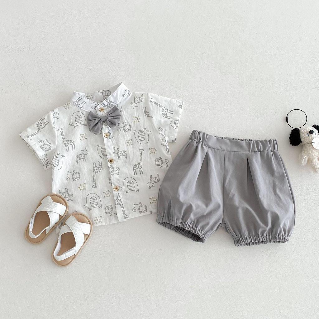 Korean Style Boys' Summer Suit: Formal 0-4 Years Short Sleeve Shirt, Shorts, & Bow Tie for Baby's First Birthday