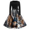 Women's Fashion Round Casual Slim Fit Christmas Print Large Swing Long Sleeve Dress