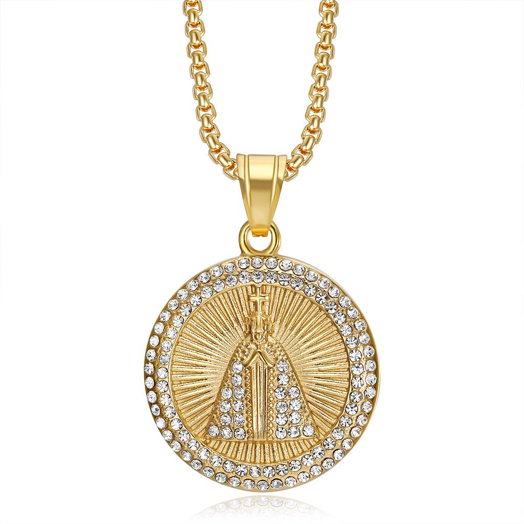 European and American Hip-hop Jewelry, Gold-plated Diamond-encrusted Round Brand Cross Pendant Necklace Personalized Party Wear Accessories