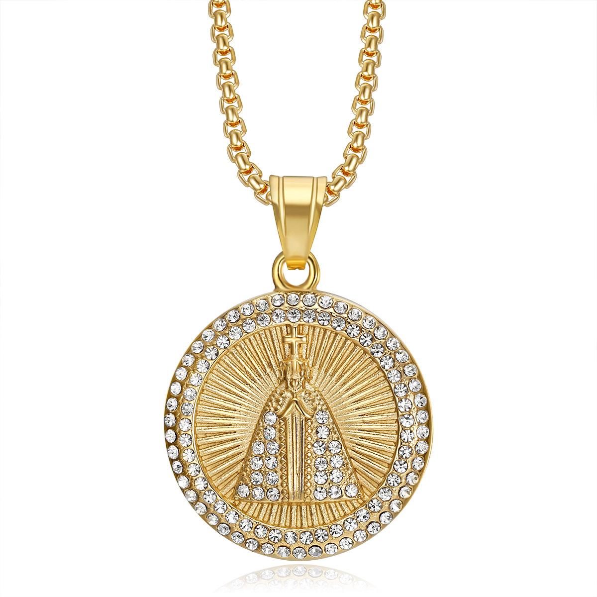 

European and American Hip-hop Jewelry, Gold-plated Diamond-encrusted Round Brand Cross Pendant Necklace 2026 Personalized Party Wear Accessories 60CM
