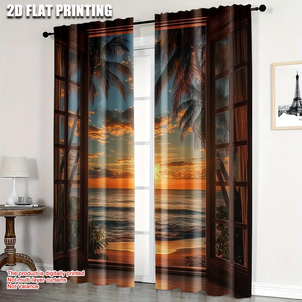 

Flat Printing Window Curtains Sunset Beach View Image Versatile Fabric Without Electricity Birthday Party Set Of 2 Made Polyester W100*H70(CM)-Rod Pocket&1PCS