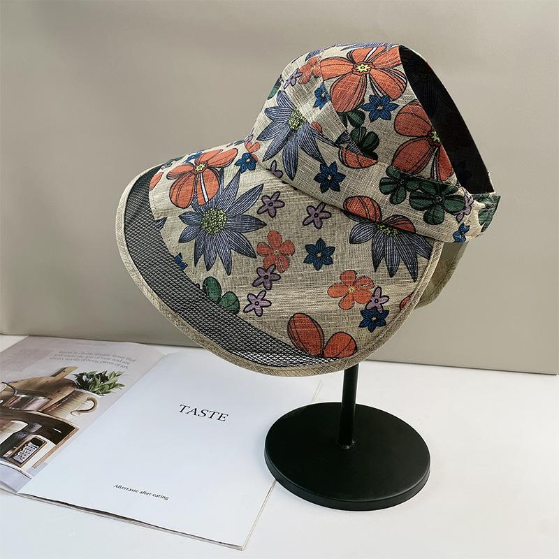 

New Chinese printing empty top hat fashionable outdoor sunshade travel versatile sunscreen hat mesh eye edge sun hat women