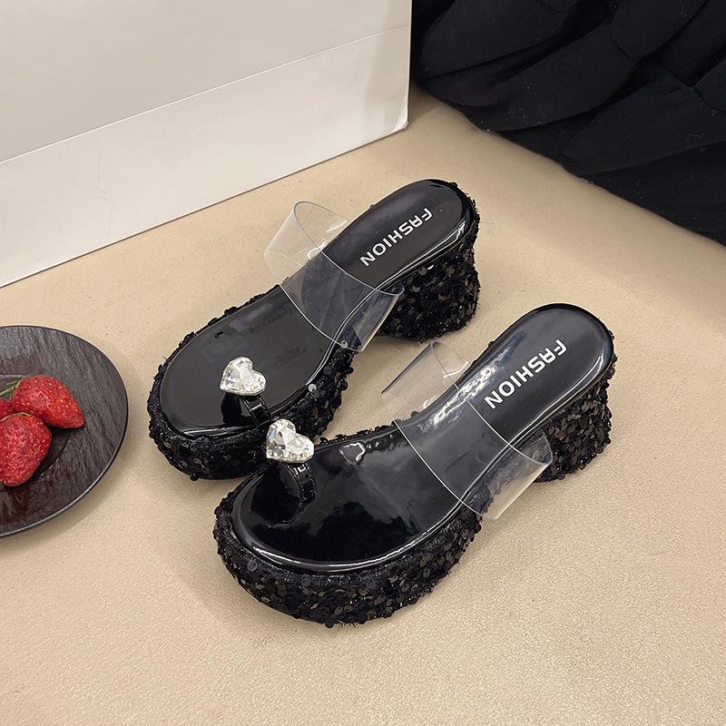 

2025 весна и осень новая мода универсальные шлепанцы на толстой подошве и танкетке женская обувь модные пайетки прозрачная надпись квадратный носок 39 чёрный
