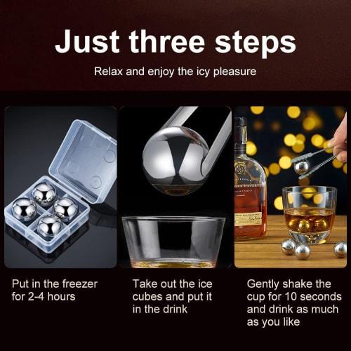 Set of 4 Round Whiskey Stones, 25mm Round, Reusable Stainless Steel Ice Cubes, Golf Balls, Whiskey Stones, Metal Ice Balls, Scotch Gift Set for Red Wi