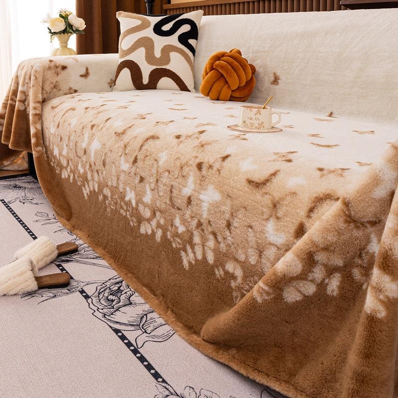Faux Rabbit Plush Butterfly Printed Sofa Towel Thick Soft Sofa Blanket For Autumn Winter Full Cover Dustproof Armchair Protector