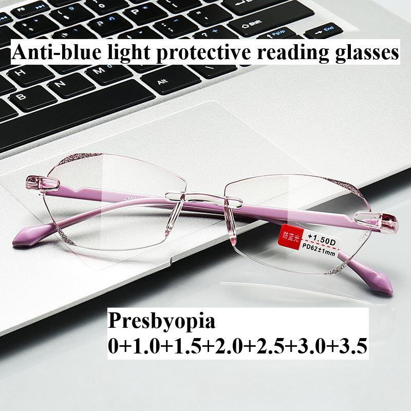 

Women Diamond High Definition Reading Glasses Luxury Rimless Eyeglasses Anti-blue Presbyopia Glasses For Eye Protection 350 фіолетовий