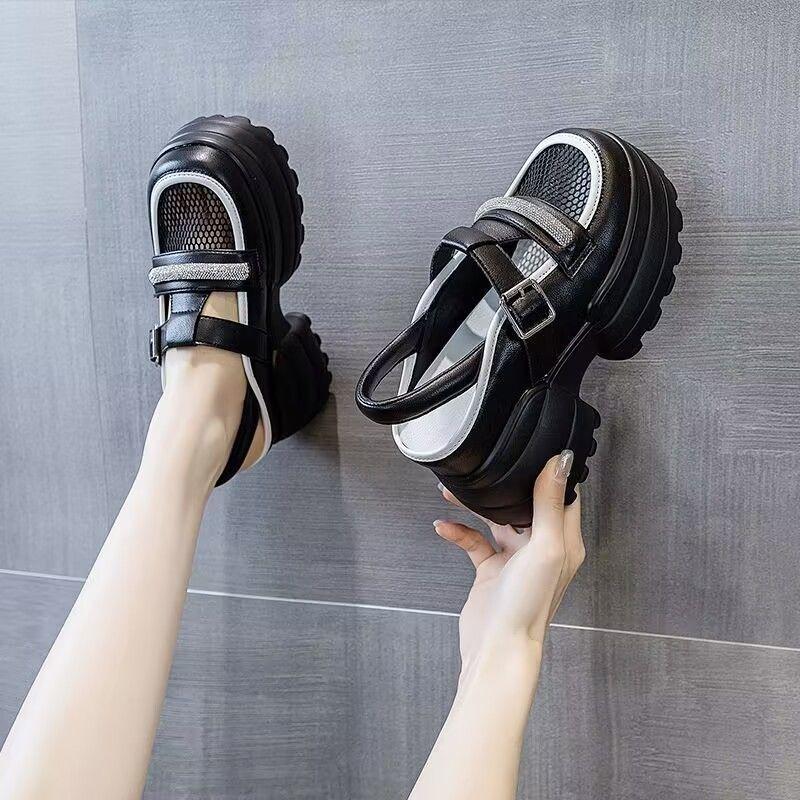 PVER inner height-increasing mesh bag head sandals women's summer fashion thick-soled rhinestone buckle muffin shoes