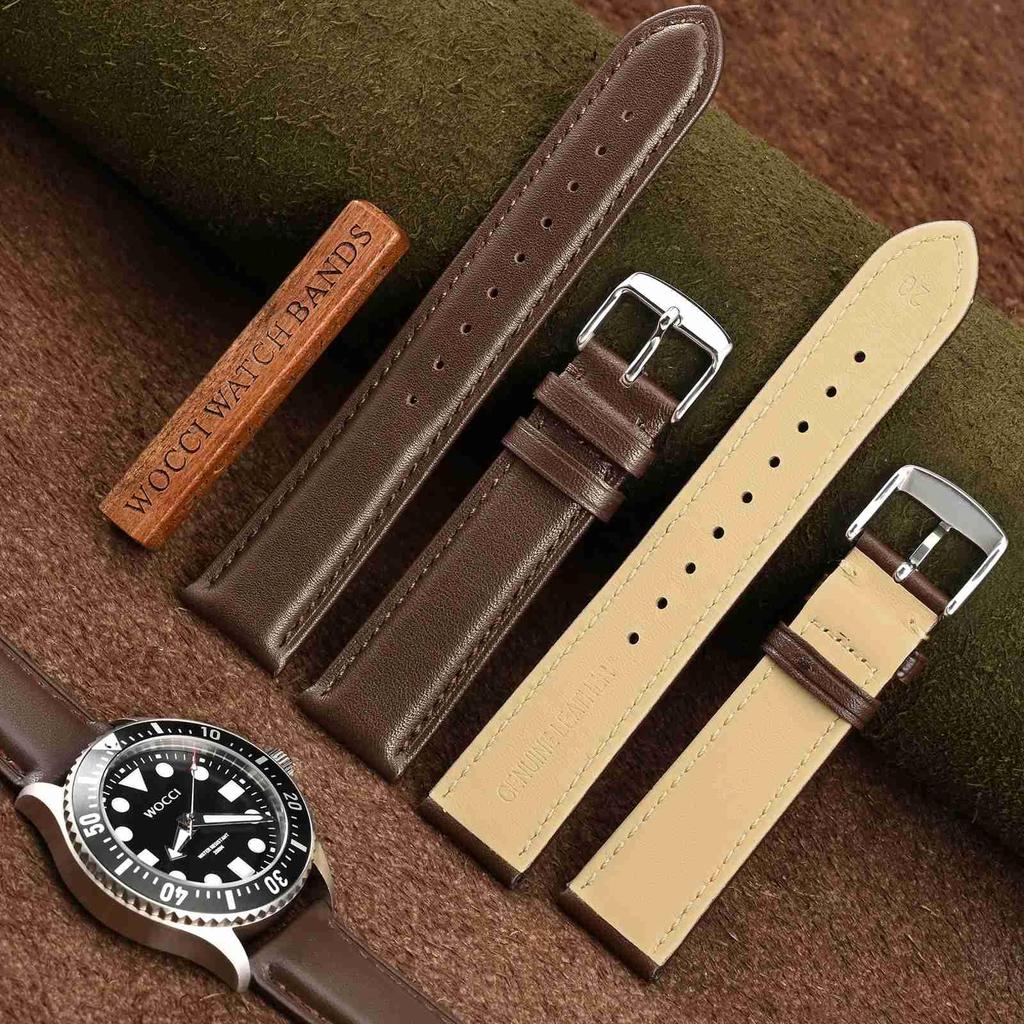 WOCCI 20mm Watch Vintage Genuine Leather Watch Band Brown with Tonal Includes Adjustment Tool and Spring Bars Strap, (Dark Stitching),