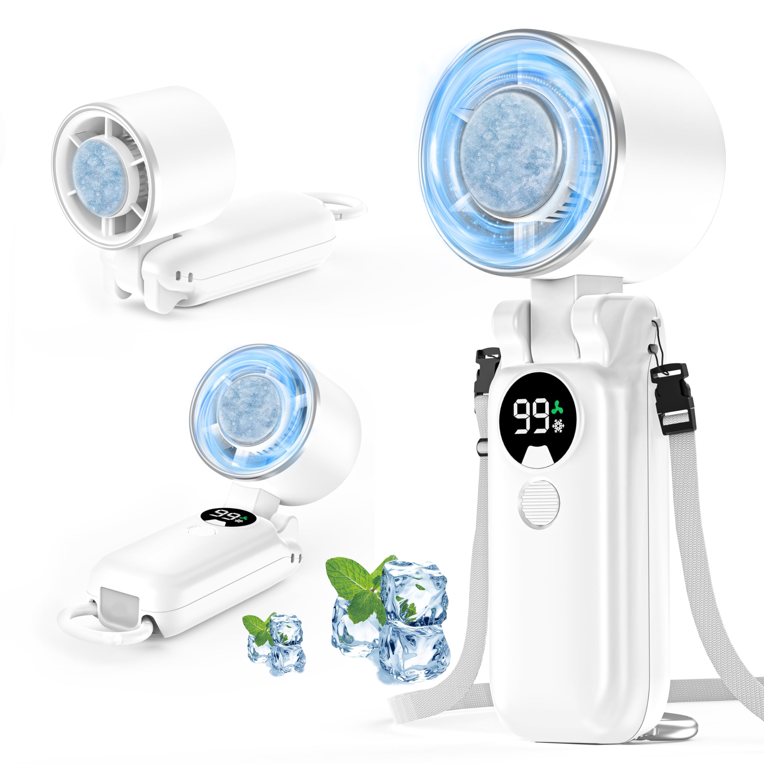 

Портативный ручной вентилятор с мгновенным охлаждением, 100 скоростей, мощный, до 20 часов работы, USB, ЖК-экран с уровнем заряда батареи, компактный мини, карабин от теплового удара белый