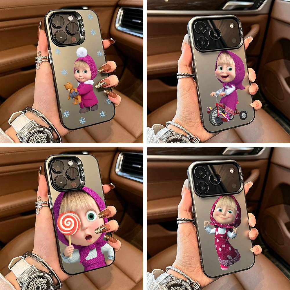 CUTE GIRL Masha and the Bear Phone Case For iPhone 17,16,15,14,13,12,11 Plus Pro Max Colored Silver Phone Case