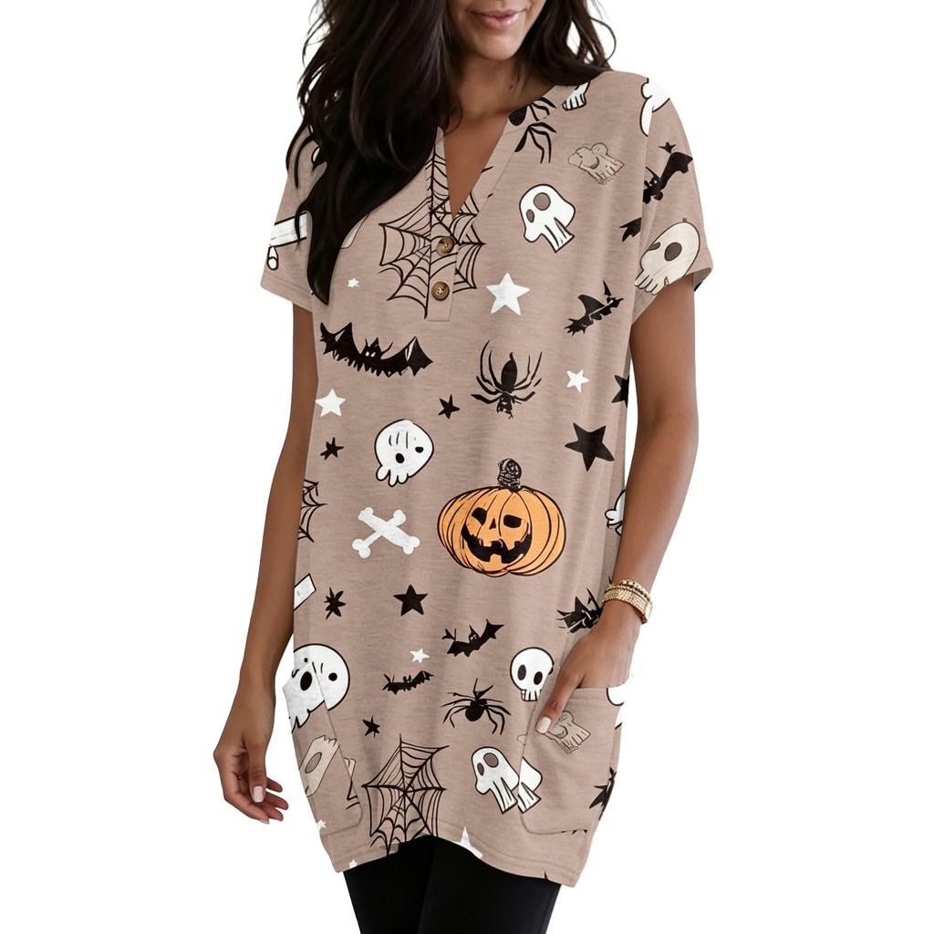Women’s V Neck Pullover Short Sleeve Top with Halloween Themed Pumpkin and Bat Print Loose Fit Tunic with Pocket Design
