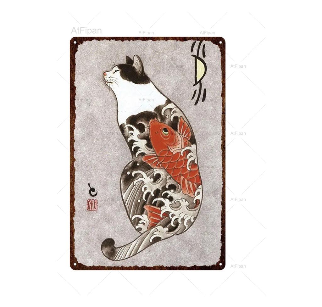 Vintage Japanese Samurai Cat Tin Sign  Retro Metal Wall Art for Home Decor  xCM  Unique Animal Tattoo Design