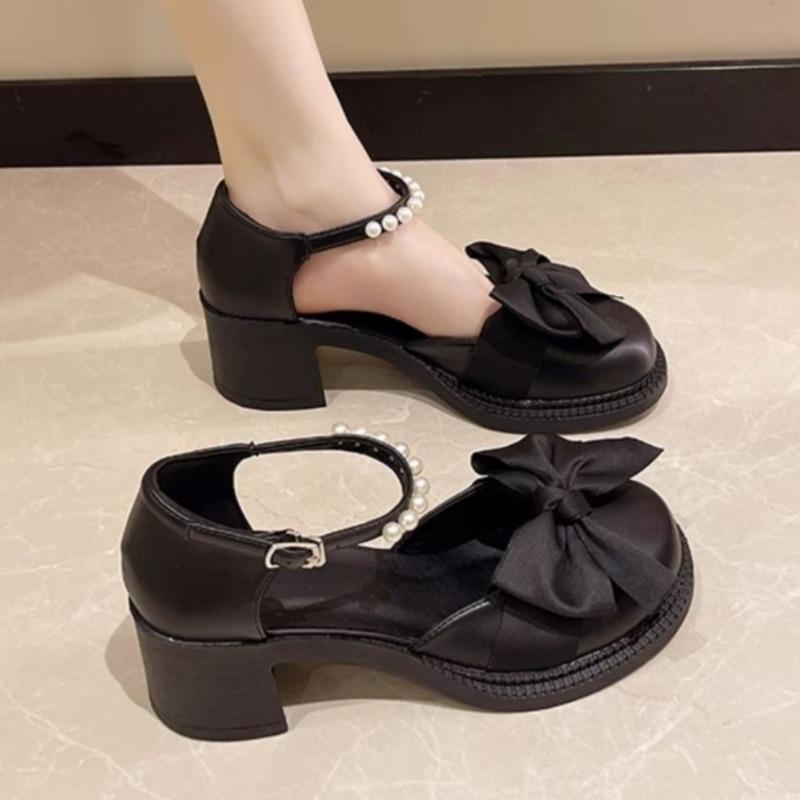 Mary Jane High Heels Women's Summer New Pearl Bow Thick Heel Non-slip Versatile Small Leather Shoes Bridesmaid Shoes