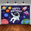 2D Astronaut Space Happy Birthday Backdrop Kids Birthday Party Photography Background Banner