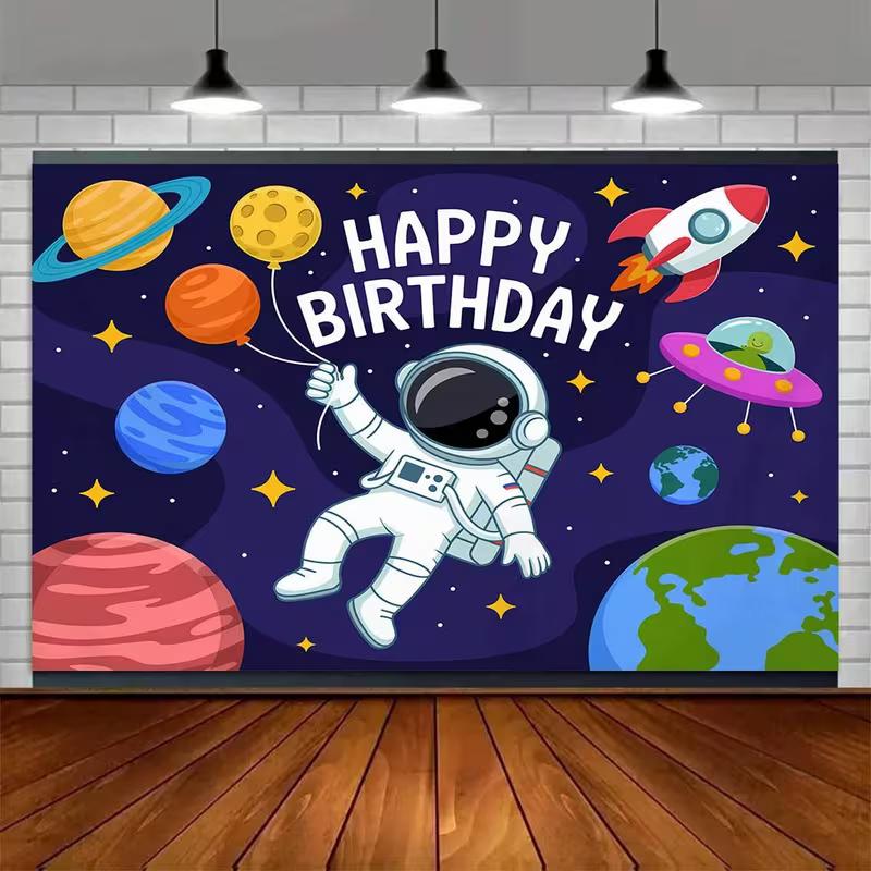 2D Astronaut Space Happy Birthday Backdrop Kids Birthday Party Photography Background Banner