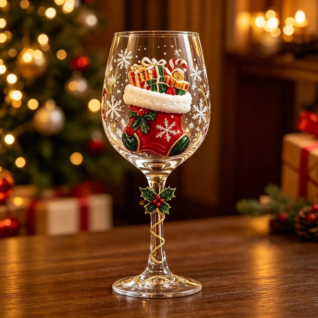 Christmas Wine Glasses Set of 6 Santa Snowman Reindeer Holiday Goblet Gift