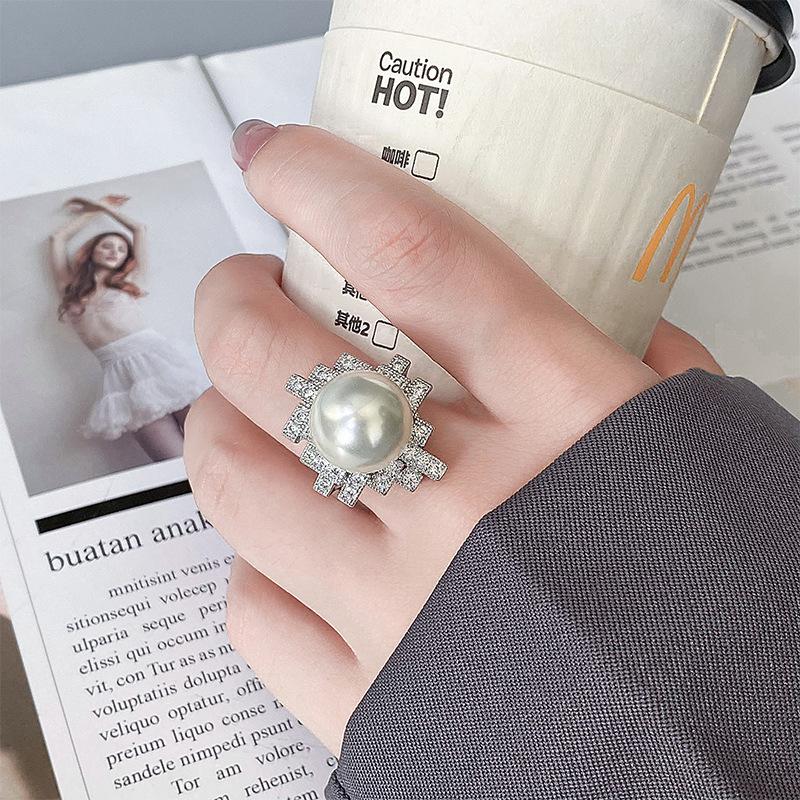 Jewelry Copper Platinum Plated Row Ring Pearl Irregular Personality Women'S Ring 14Mm