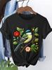 Womens Short Tshirt with Embroidered Floral and Bird Print Round Neck Soft and Breathable for Spring and Summer Womens Top