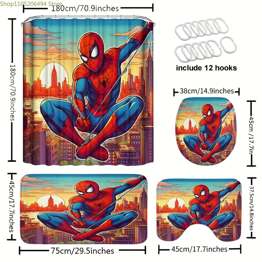 4pcs Spiderman Cartoon pattern decoration set includes shower curtain, non-slip bathroom rug, toilet U-shaped mat, toilet seat