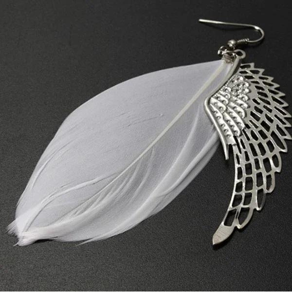 Fashion Silver Plated Angel Wings Earring White Feather Drop Earrings for Women