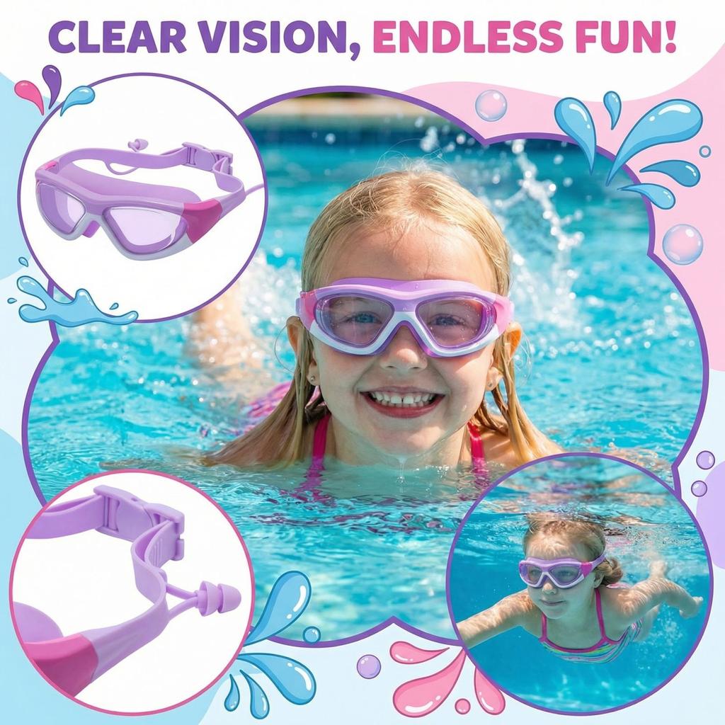 Kids Swimming Goggles with Adjustable Strap Wide Frame Anti-Fog Clear Lenses Comfortable Fit Includes Earplugs for Swimming Training