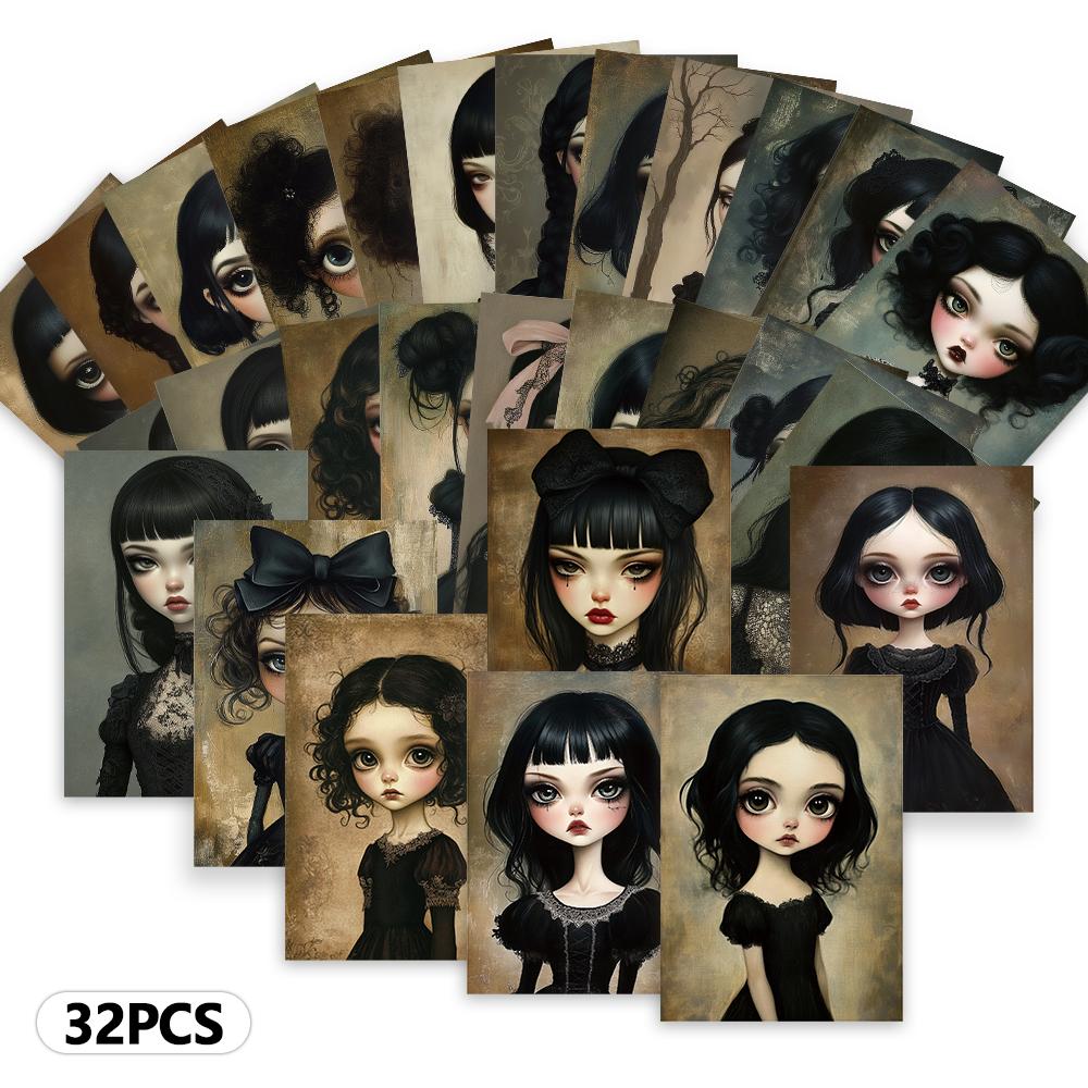 32pcs, vintage gothic girl postcards, dolls, birthday/anniversary gifts, collectible, giftable, and mailable