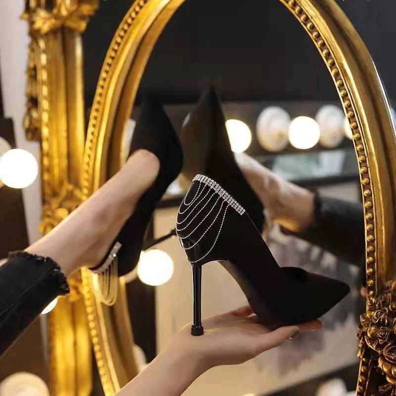 Fine heel tassel niche single shoe feeling design celebrity pointed high heels