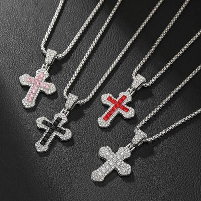 Iced Out Cross Pendant Necklace for Men, Hip Hop Cubic Zirconia Bling Cross Chain, Religious Christian Rapper Style Jewelry Gift