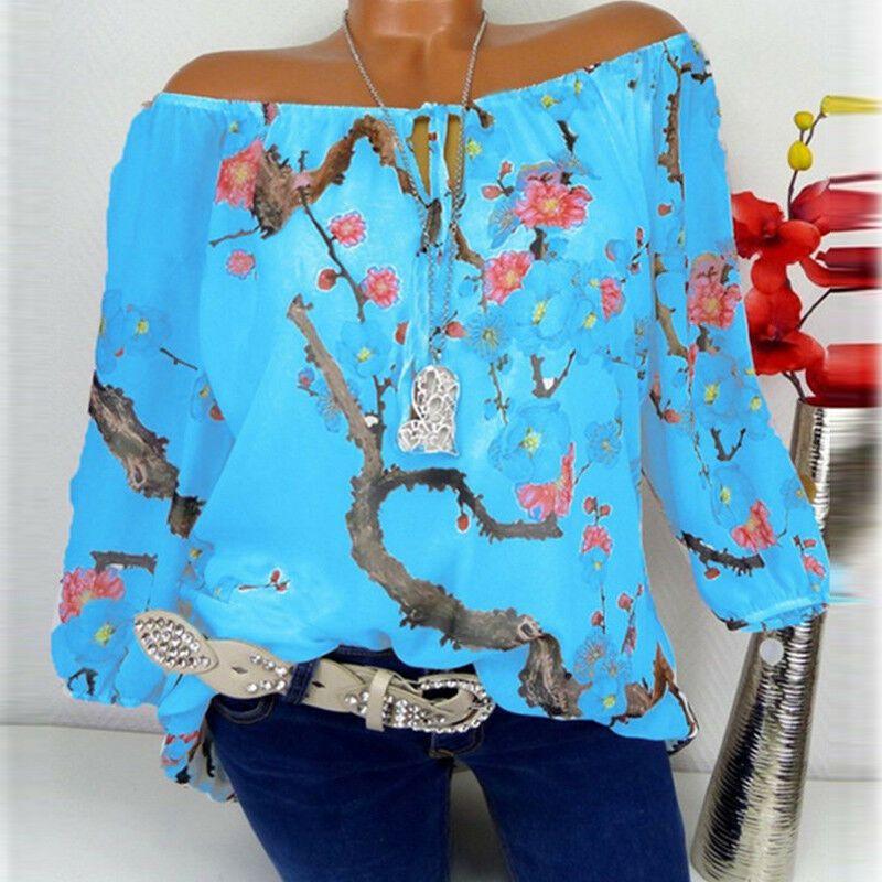 Off Women Shoulder Floral Tops Ladies Summer Loose T Shirt Blouse Plus Size