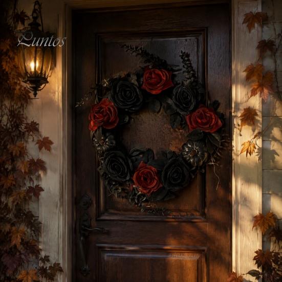 Gotisches Totenkopf-Ornament Halloween-Kranz für Haustür, Künstlicher Herbst-Ahornblatt-Rosen-Kürbis Vollkranz, Herbsternte Hängende Danksagung