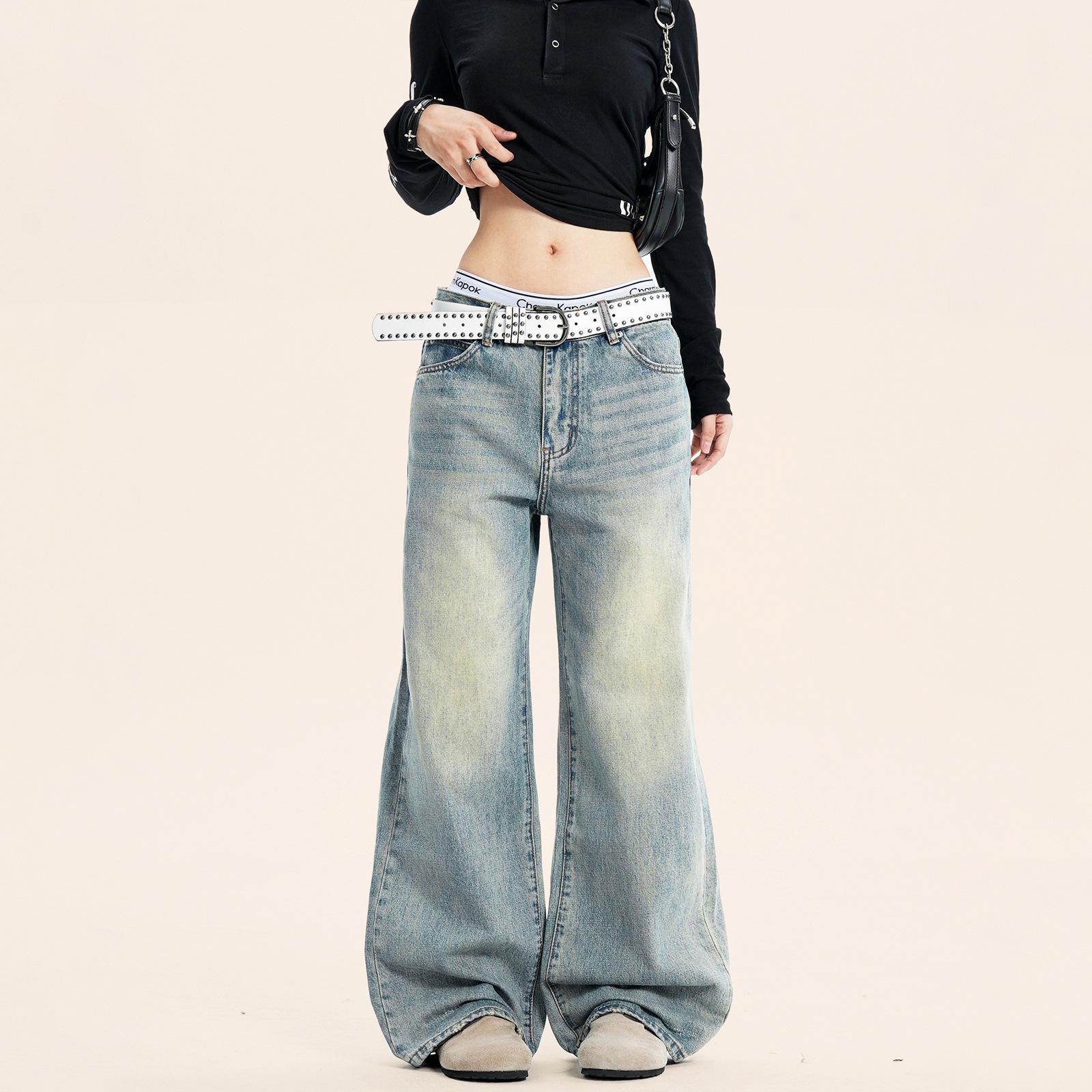 

Yongfang Unisex Distressed Wide-Leg Retro Blue Jeans L