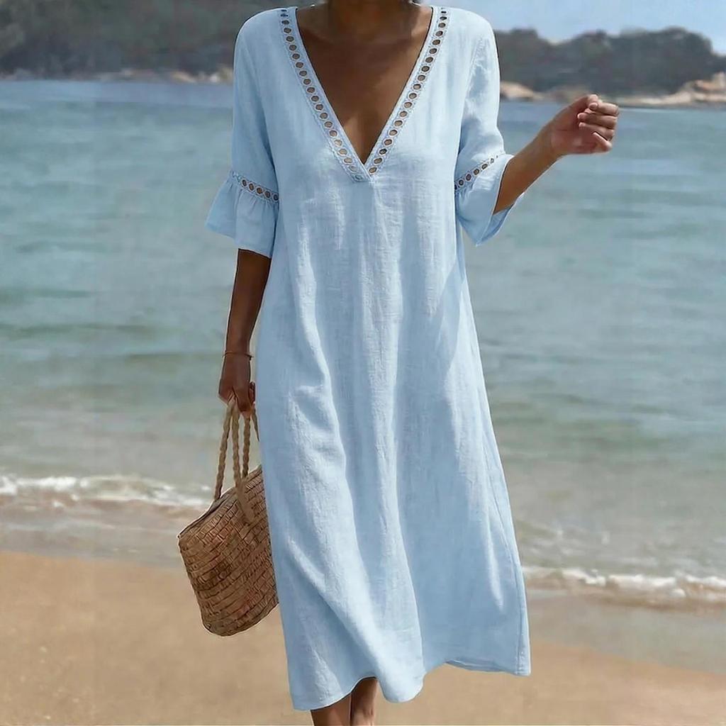 Abito Midi da Donna in Cotone e Lino Manica a 3/4 Scollo a V in Pizzo Linea ad A Vestibilità Rilassata Casual per Vacanza al Mare con Tasche