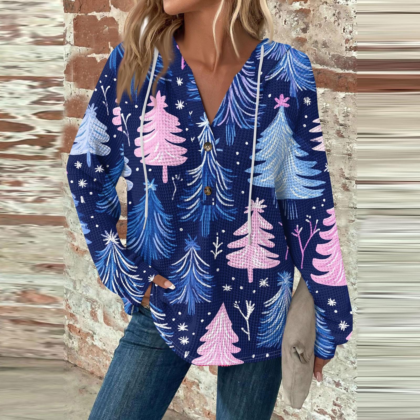 

Женский повседневный топ с длинными рукавами, пуговицами, V-образным вырезом, рождественским принтом, завязками и капюшоном XXL синий