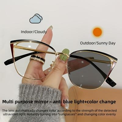 1pcs Advanced Anti Blue Light Color Changing Glasses Metal Cat Eye Glasses Ultra Light Frame Women's Fashionable Sunglasses