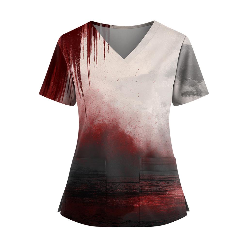Halloween Print V Neck Short Sleeve Nurse Top with Double Pockets and Side Slits Medical Scrub Shirt for Healthcare Workers