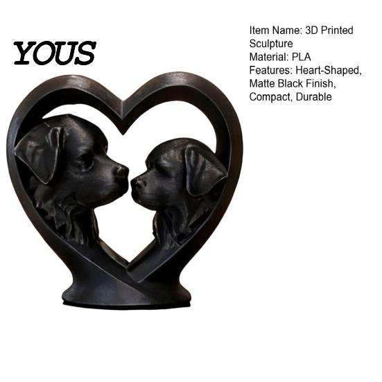 3D Printed Heart Sculpture Bernard Dog Heart-Shaped Sculpture, Hollow Silhouette Animal Statue with Matte Black Dust Resistant Decor Piece Finish,