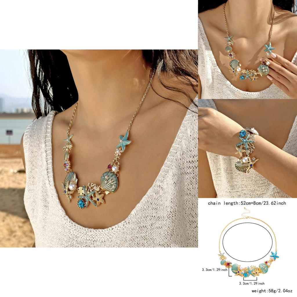Ocean Starfish Necklace And Bracelet Set With Zinc Alloy Charm For Summer Fashion Women