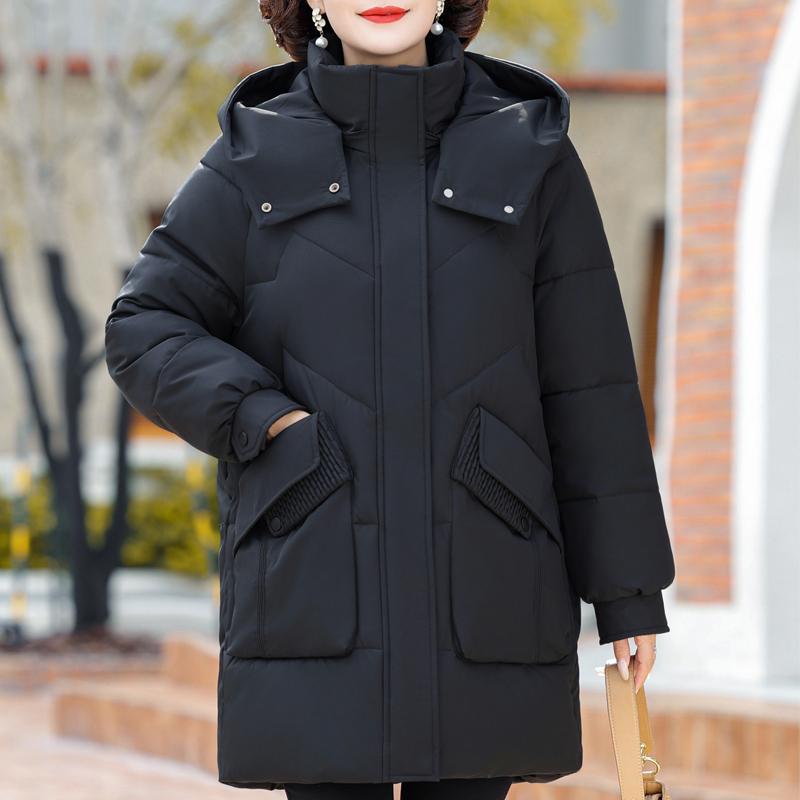 Dámské zimní kabáty středního věku s kapucí ve velkých velikostech svrchní oděvy volné elegantní dlouhé parky tlusté teplé dámské bundy