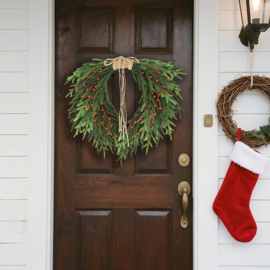 Real Touch Christmas Wreath Red Berries Jute Bow Soft Pine Garland Indoor Outdoor Holiday Party Decor