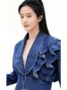 Korean-Style Ruffle Slim-Fit V-Neck Denim Jacket